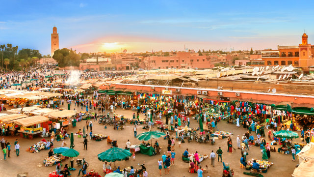 Panoramic view of Jemaa el-Fnaa Market Square in Marrakesh, Morocco