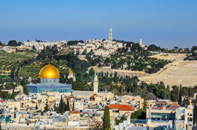 Jerusalem, Israel Old City cityscape at the Temple Mount and Dome of the Rock, Mount of Olives