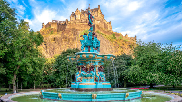Beautiful view of Ross Fountain Edinburgh Castle Scotland