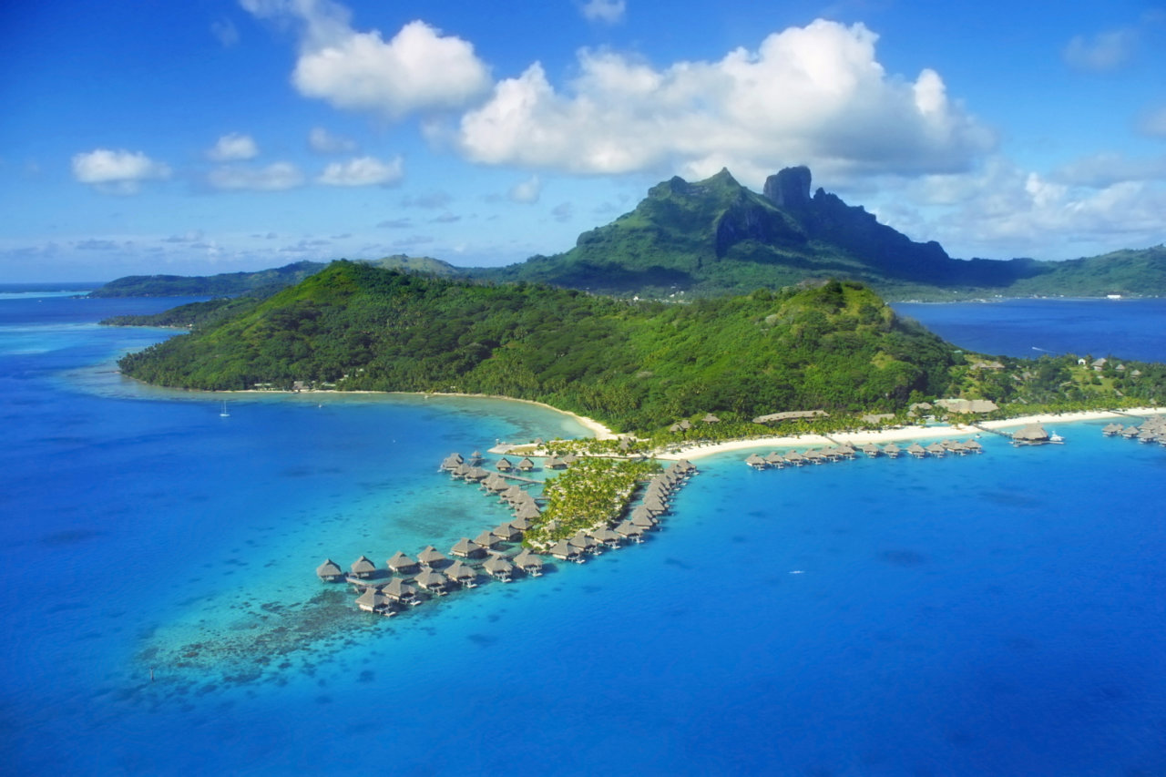 Sky view of Bora Bora Island, Tahiti, Pacific Ocean