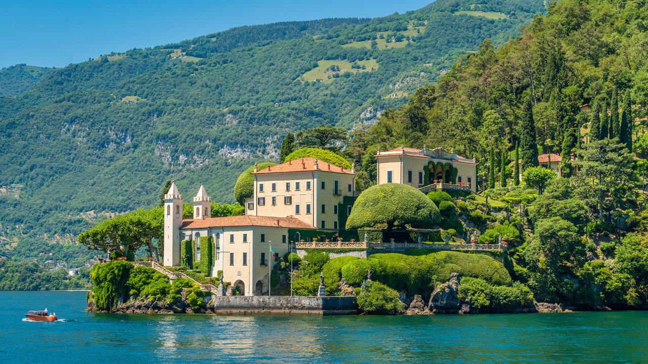 Skyline view of famous Villa del Balbianello in the Commune of Lenno, Lake Como, Lombardy, Italy