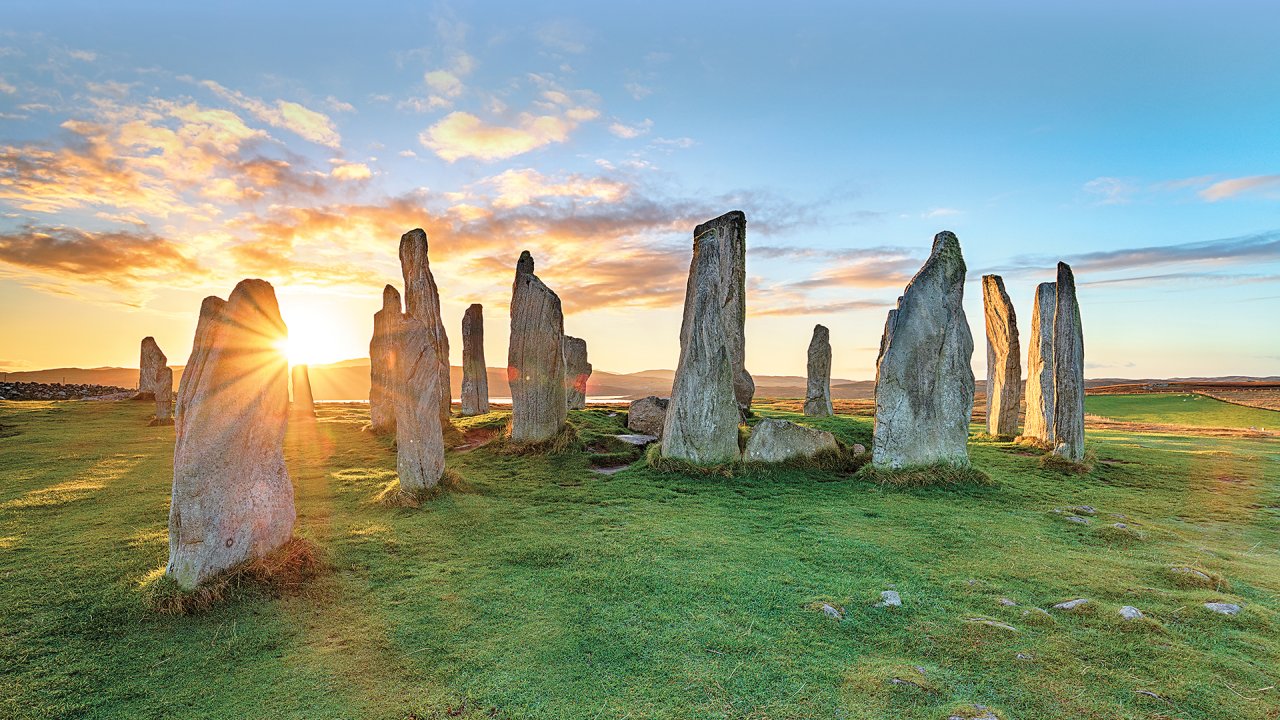 Sunset view of Calanais Standing Stones Isle of Lewis Scottland Iceland