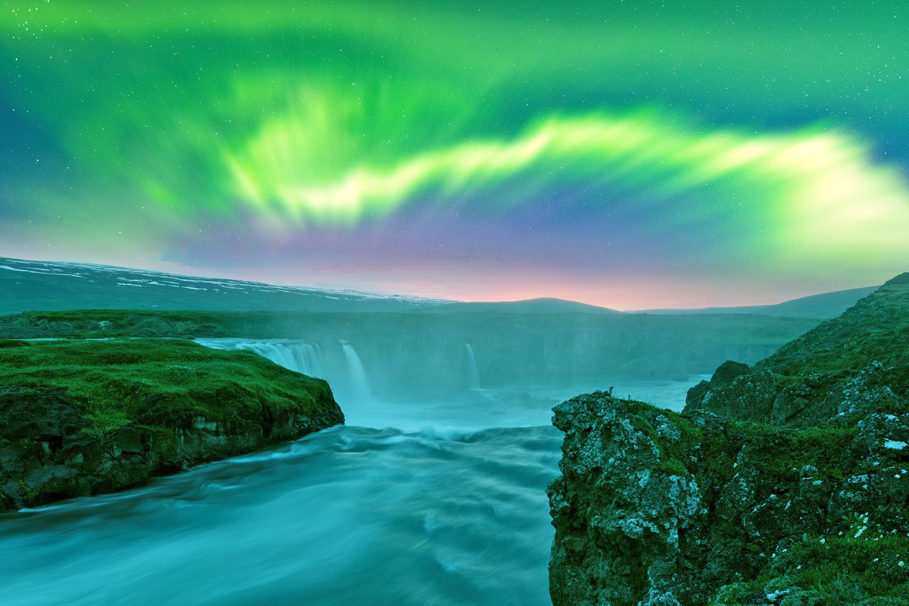 Iceland, Godafoss waterfall, Northern Lights